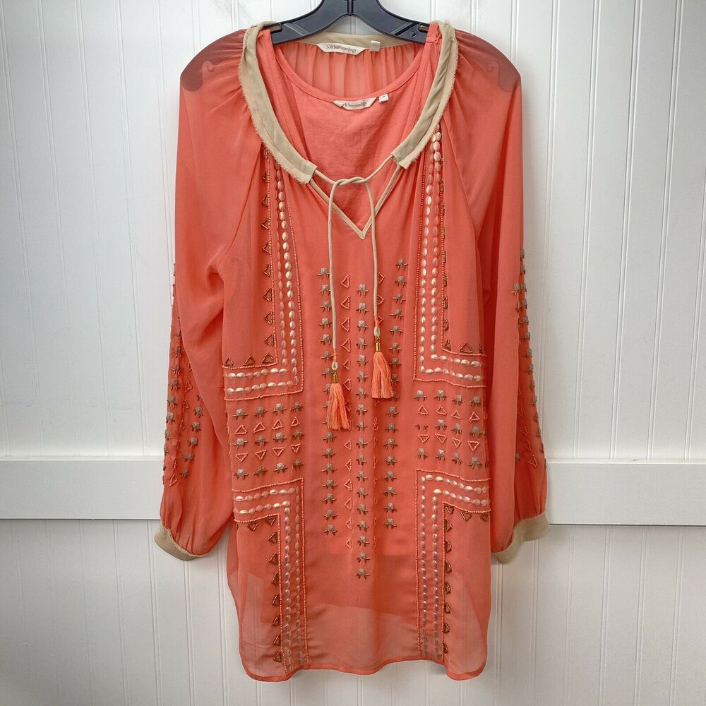 Beaded Tunic & Tank Top Soft Surroundings 2pc Set Sz Medium Peach Boho Tassels